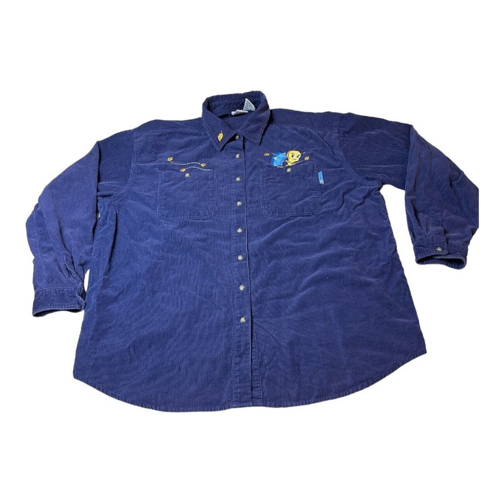 Vintage Looney Tunes Tweety Bird Long Sleeve Corduroy Button Shirt Blue Sz XL